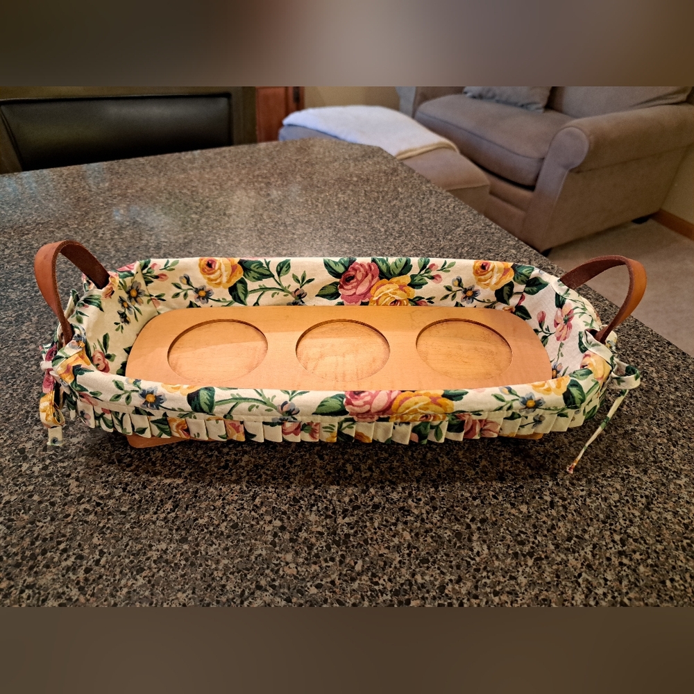 Floral Longaberger Basket with Leather Handles And Wooden Insert